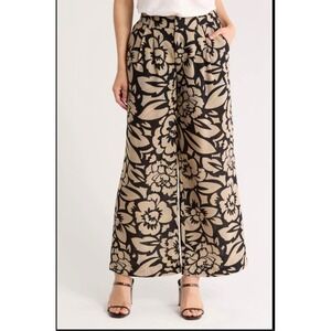 DR2 Womens Floral Wide Leg CuBlack Beige‎ High Rise Pleated Pants Size L (E)